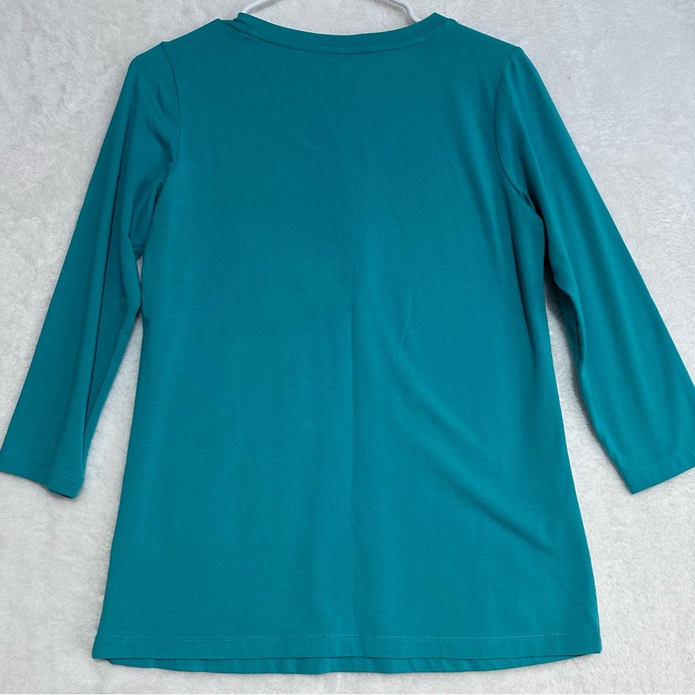 Susan Graver Brand Weekend Teal Henley Top 3/4 Sleeve Rhinestone Buttons XXS - Picture 2 of 8